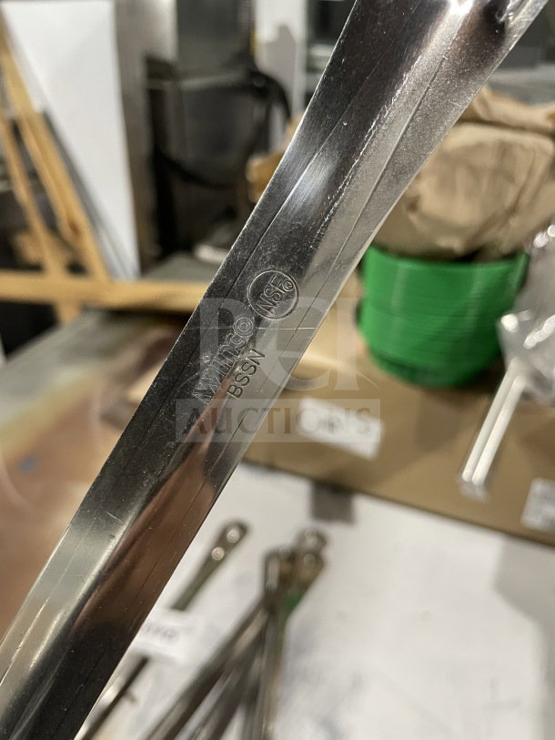 Brand new Winco BSSN slotted basting spoon, stainless steel, commercial grade. Marked with "Winco BSSN" and NSF logo.