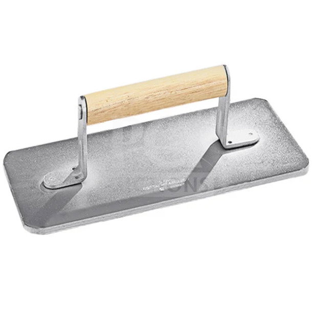 Brand new Vollrath Model 47708 chrome-plated steel steak weight with waffle-pattern grid and wooden grip handle.