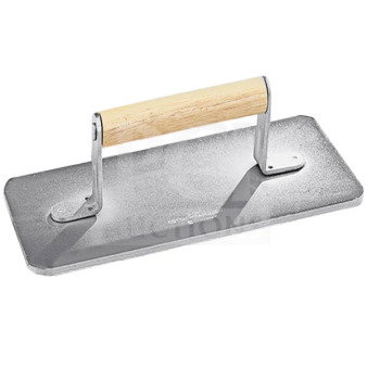 Brand new Vollrath Model 47708 chrome-plated steel steak weight with waffle-pattern grid and wooden grip handle.