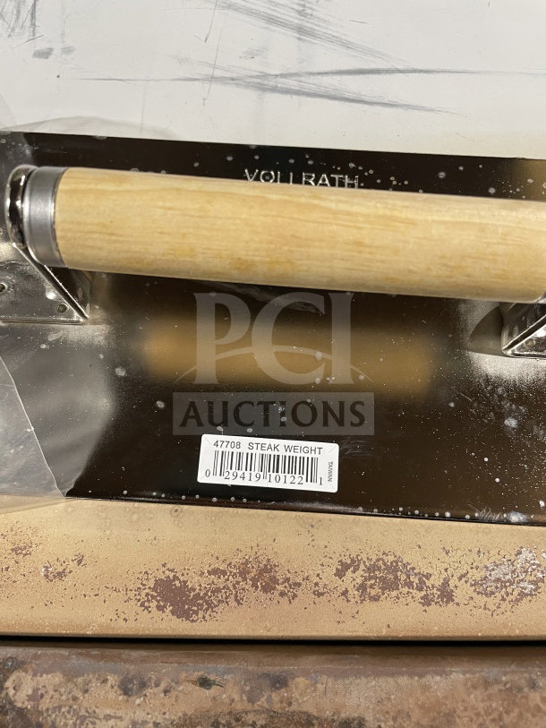 Vollrath chrome-plated steel steak weight, model 47708, waffle-patterned grid bottom, wooden handle, brand new.