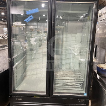 Kool-It LX46FB commercial freezer, black, double glass doors, reach-in, poly-coated wire rack, on casters, 115V, 1 phase.