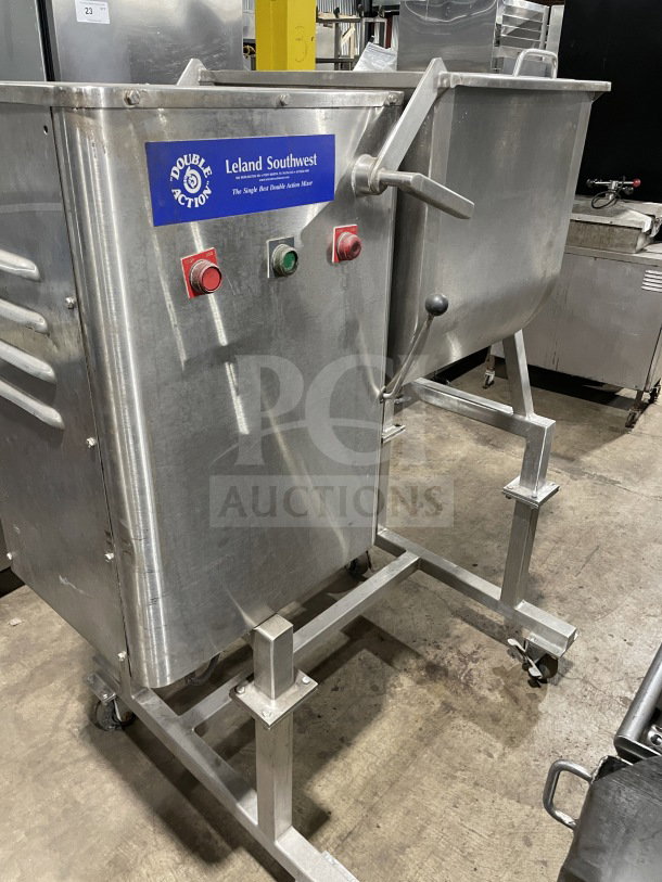 Leland Southwest HD100DA90 stainless steel meat mixer, double action, tilting, on casters, excellent condition.