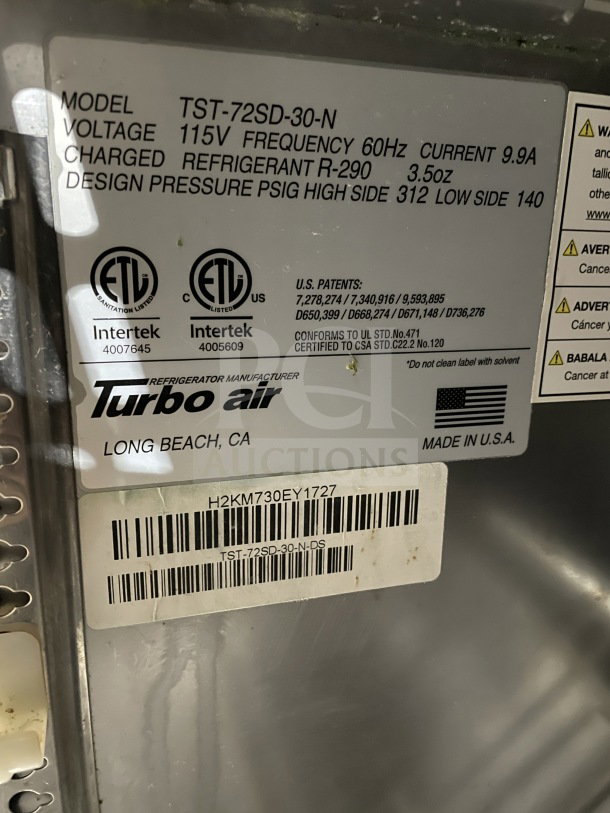 Turbo Air TST-72SD-30-N model tag, showing 115V, 60Hz, R-290 refrigerant, Intertek certified, made in USA.