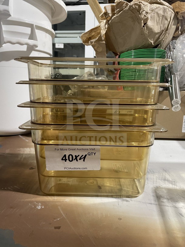 Cambro polycarbonate yellow clear commercial food pan, model 631-1. High heat resistant, good condition, labeled 40x4 qty.