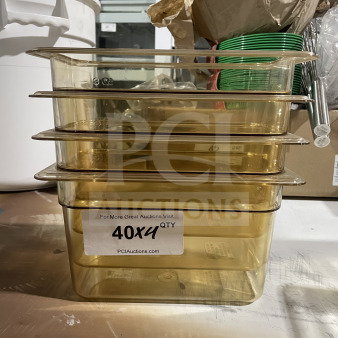 Cambro polycarbonate yellow clear commercial food pan, model 631-1. High heat resistant, good condition, labeled 40x4 qty.