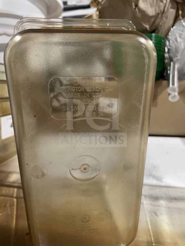 Cambro polycarbonate high heat food pan, model 631-1, yellow clear, made in USA, visible markings, good condition.