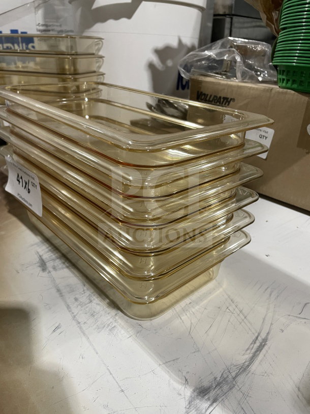 Cambro Polycarbonate Yellow Clear Commercial Food Pan, Model 631-1, 1/3x2.5", stack of five, high heat, good condition.