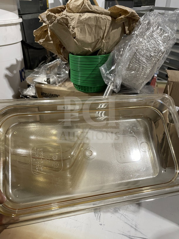 Cambro polycarbonate yellow clear 1/3x2.5" high heat food pan, model 631-1, in good condition, shown with packaging.