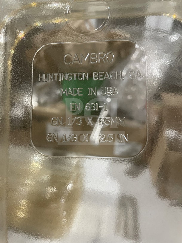 Cambro polycarbonate yellow-clear food pan, model 631-1, 1/3 size, 2.5" deep, high heat, made in USA.