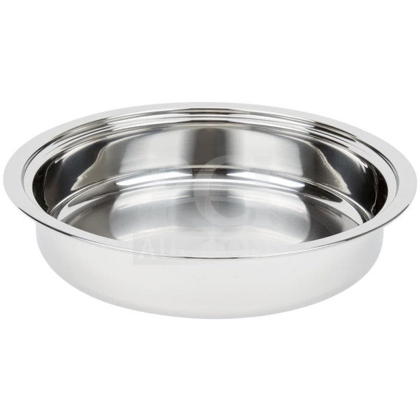 Brand new commercial stainless steel round chafing dish water pan, shiny finish, durable construction.