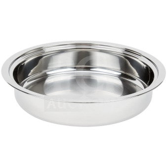 Brand new commercial stainless steel round chafing dish water pan, shiny finish, durable construction.