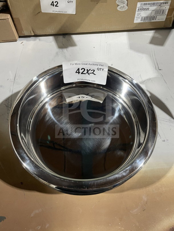 Brand new commercial stainless steel round chafing dish water pan with reflective finish, labeled "42X2 QTY."