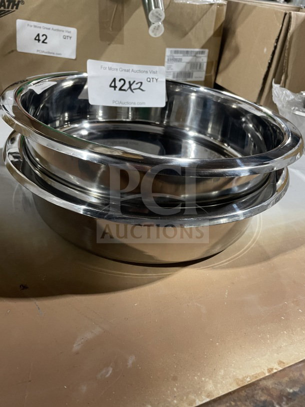 Brand new commercial stainless steel round chafing dish water pan, gleaming finish, 2x your bid quantity.