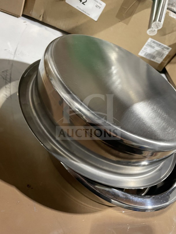 Brand new commercial stainless steel round chafing dish water pan, pristine condition, polished finish.