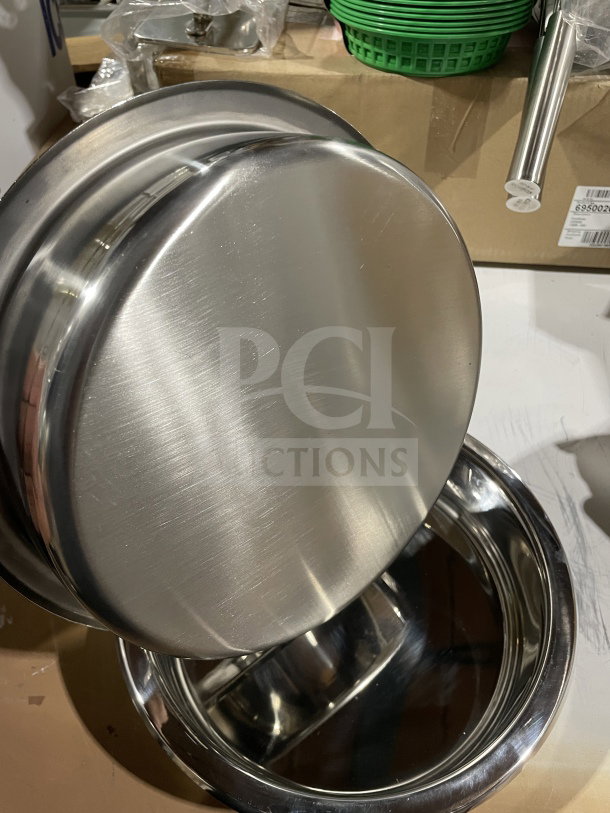 Brand new stainless steel round chafing dish water pan, commercial-grade, durable finish, excellent condition.