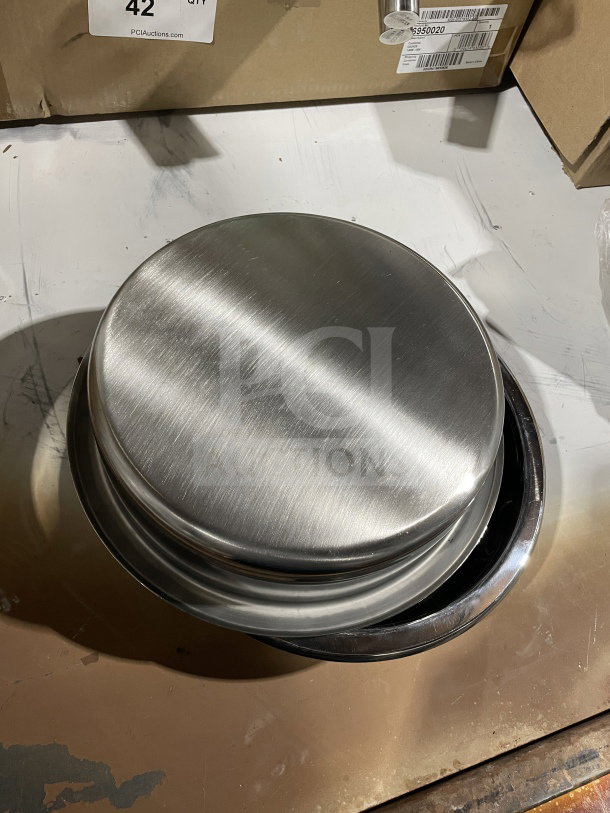 Brand new stainless steel round chafing dish water pan, commercial grade, silver finish, tags indicating condition.