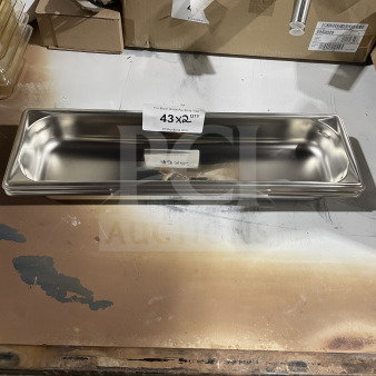 Brand new Vollrath stainless steel full-size steam pan, model 90322, shiny finish, pristine condition, auction display with tag.