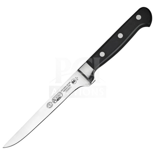 Brand new Winco 6" KFP61 boning knife, forged carbon steel blade, POM handle, pristine condition.