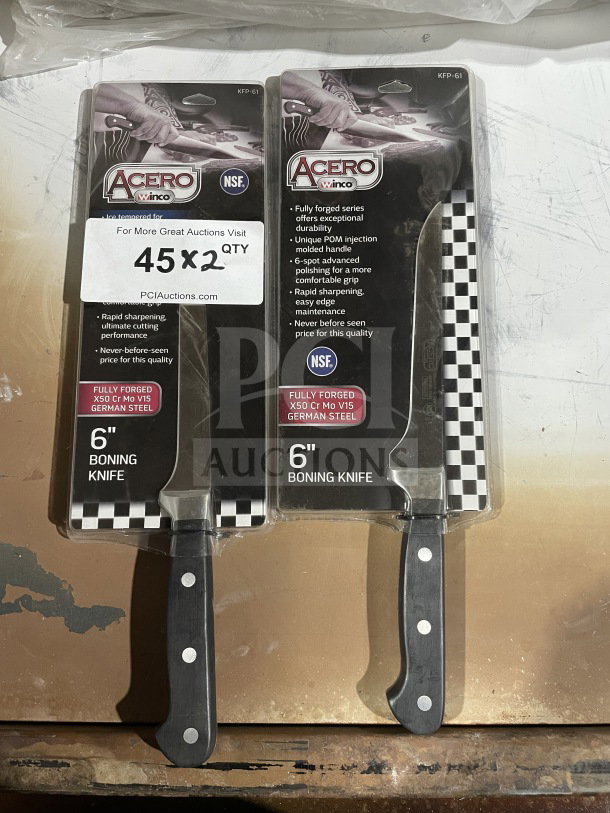 BRAND NEW Winco 6" Commercial Forged Carbon Steel Boning Knife. Model KFP-61, with POM handle, in packaging, NSF certified.