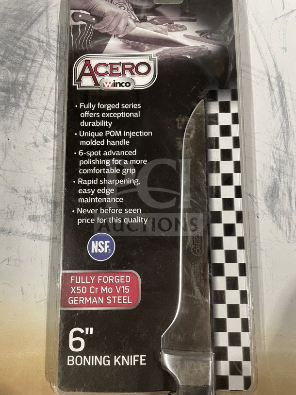 Brand new Winco 6" KFP-61 boning knife, forged carbon steel, POM handle, NSF certified, German steel.