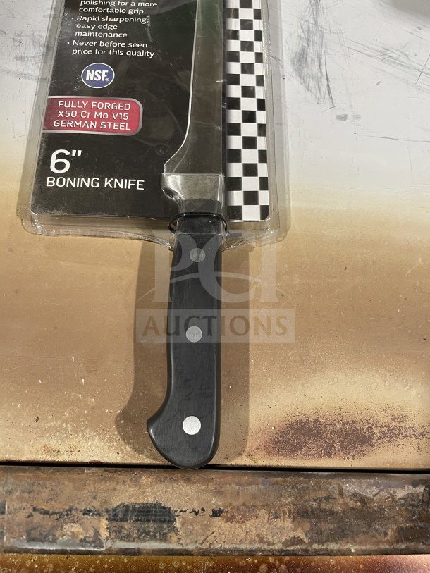 Winco 6" boning knife, model KFP-61, carbon steel, POM handle, NSF certified, brand new in packaging.