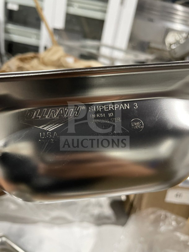 Brand new Vollrath Super Pan 3, model 90322, stainless steel, full-size steam pan. Marks indicate USA made.