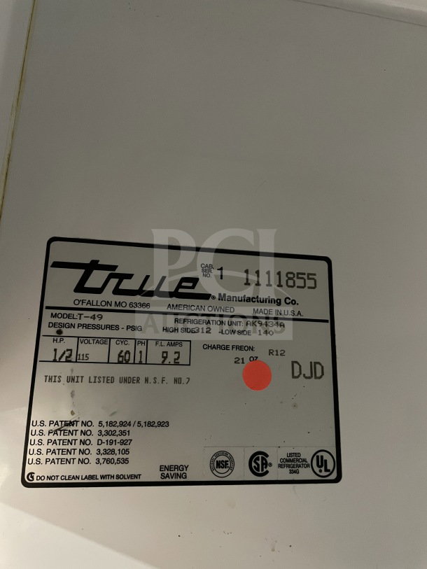 True T-49 stainless steel 2-door reach-in refrigerator, Energy Star certified, model T-49, SN: 1111855, on casters.