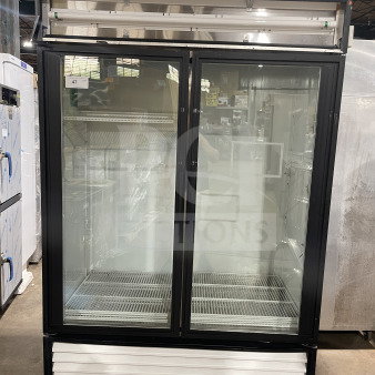 True GDM-49 commercial glass double swing door refrigerator with poly-coated wire rack; 115V, 1 phase, on casters.