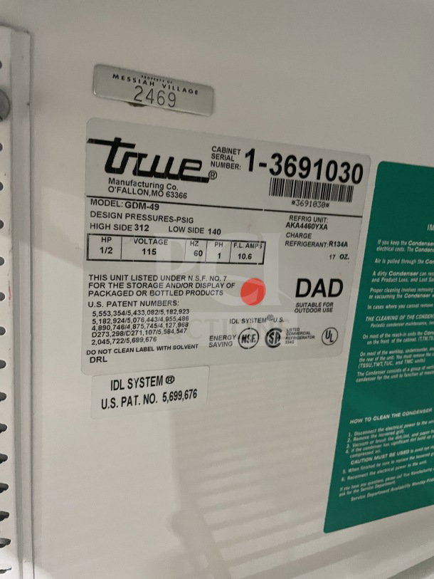 True Commercial Double Glass Door Refrigerator, Model GDM-49, SN 1-3691030, with poly coated wire rack and casters. 115V, 1 Phase.