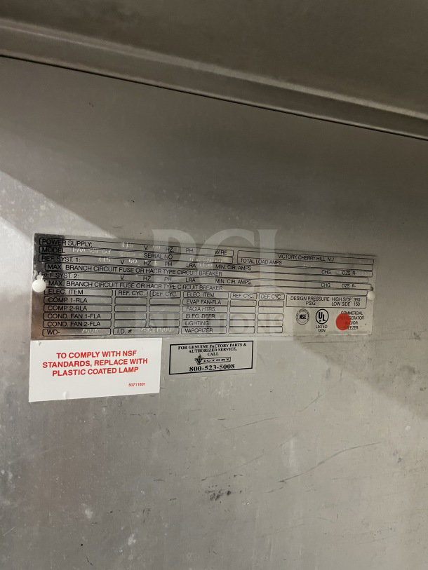 Victory Commercial Electric 2-Door Freezer, Model FAA2057, SN: 09638V100, 115V, on casters. Features poly-coated racks.
