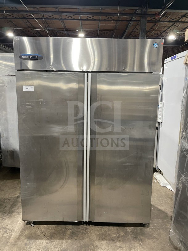 Hoshizaki CR2SFS 2-door stainless steel refrigerator on casters, Energy Star certified, includes poly-coated wire rack.