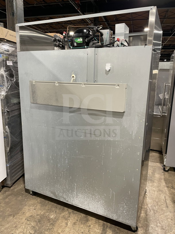Hoshizaki commercial 2-door stainless steel refrigerator, model CR2S-FS, Energy Star certified, on casters.