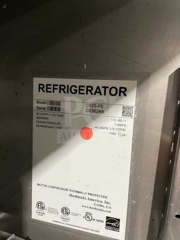 Hoshizaki CR2S-FS commercial 2-door stainless steel refrigerator label; Energy Star certified, on casters, includes poly-coated rack.