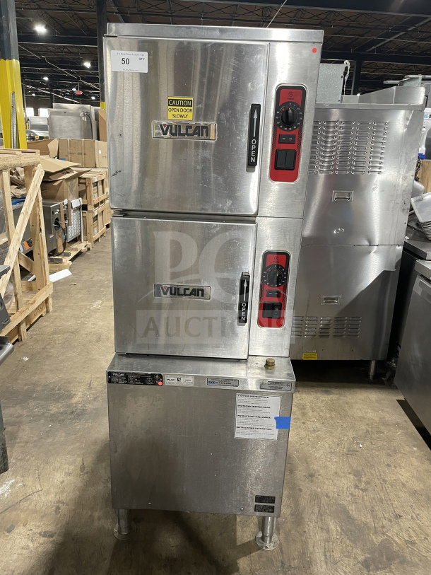 Vulcan C24GA10 stainless steel dual-cabinet convection steamer, natural gas, 120V, 1 phase, on legs, excellent condition.