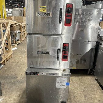 Vulcan C24GA10 stainless steel dual-cabinet convection steamer, natural gas, 120V, 1 phase, on legs, excellent condition.