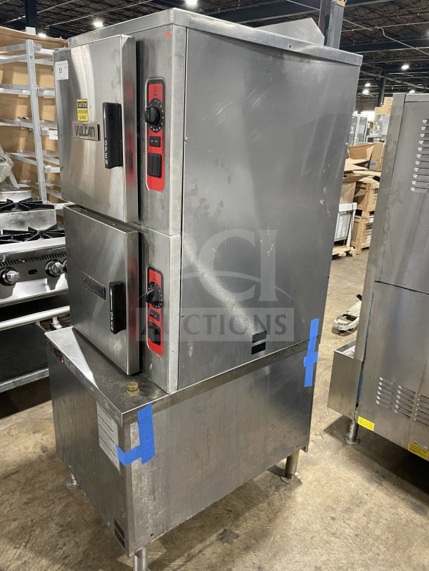 Vulcan C24GA10 stainless steel natural gas dual cabinet convection steamer, 120V, 1 phase, on legs, visible control panels.