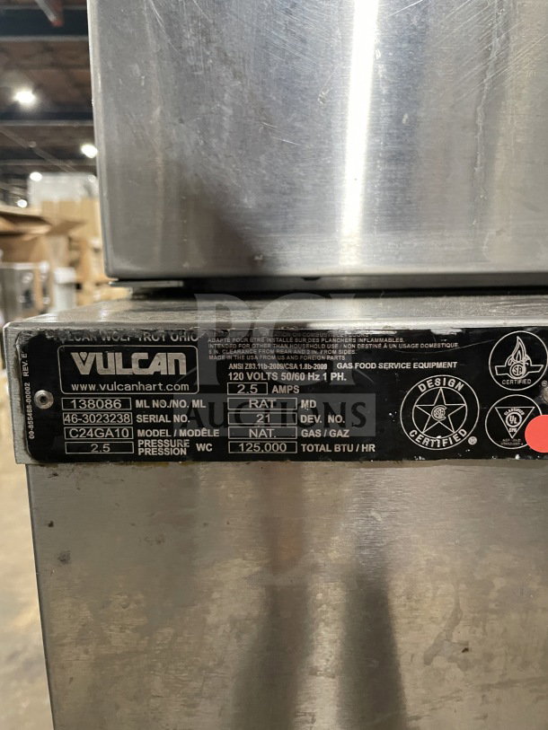 Vulcan Commercial Stainless Steel Natural Gas Convection Steamer, Model C24GA10, Serial 463023238, 120V, 1 Phase, on Legs.