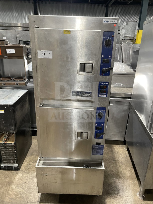 Cleveland Range SteamCraft Ultra-10 Series 24CGA10.2 dual compartment 10-pan gas steamer, stainless steel, with individual control, on legs.