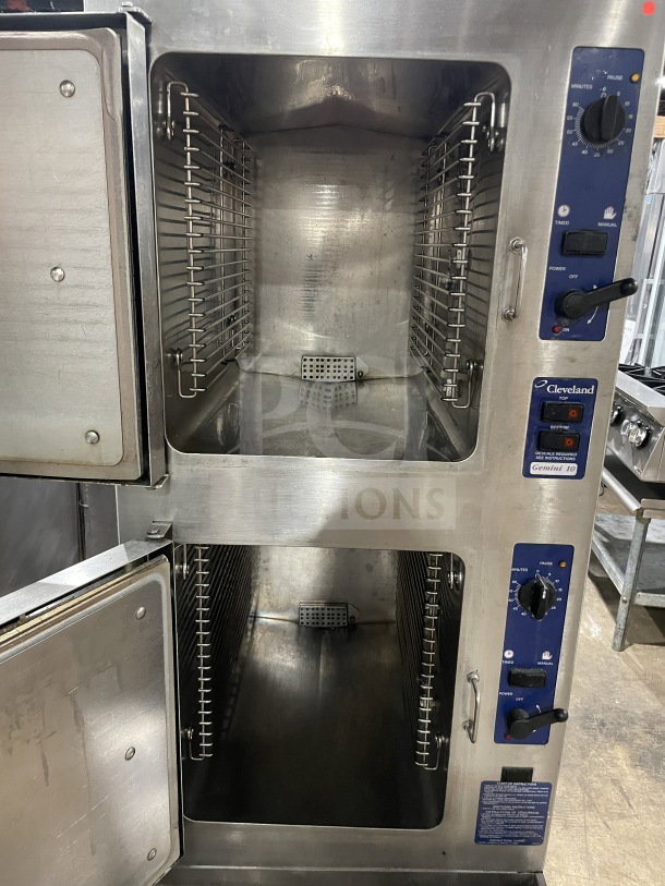 Cleveland Range SteamCraft Ultra-10 Steamer, model 24CGA10.2, commercial stainless steel, dual compartment, 10-pan capacity, natural gas, individual controls, used condition.