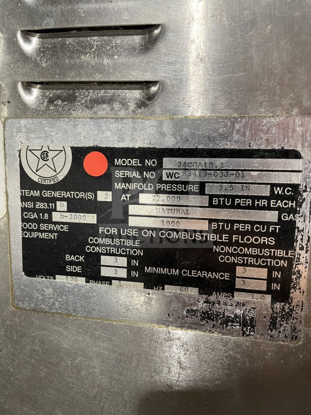 Cleveland Range SteamCraft Ultra-10, Model 24CGA102, dual compartment convection steamer cabinet label, natural gas.