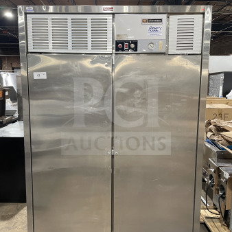Victory commercial reach-in stainless steel refrigerator with two solid doors. Features Power Cool analog control console. In good condition, standing on legs.