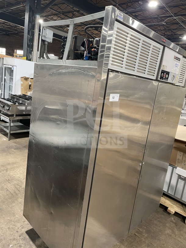 Victory Commercial Reach-In Stainless Steel 2-Door Refrigerator with Power Cool Analog Control, on legs, in good condition.