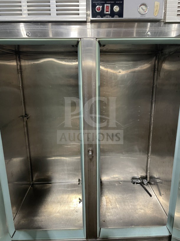 Victory commercial reach-in stainless steel 2-door refrigerator with Power Cool analog control console, on legs.
