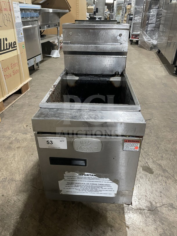 CoolerDepot Model CTF3 stainless steel natural gas deep fryer with back splash, basket hanger, and legs. Serial No. 2305025222.