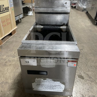 CoolerDepot Model CTF3 stainless steel natural gas deep fryer with back splash, basket hanger, and legs. Serial No. 2305025222.