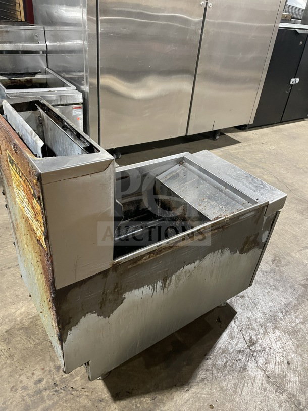 CoolerDepot CTF3 commercial deep fat fryer, stainless steel, natural gas, with back splash, basket hanger, on legs, used condition.