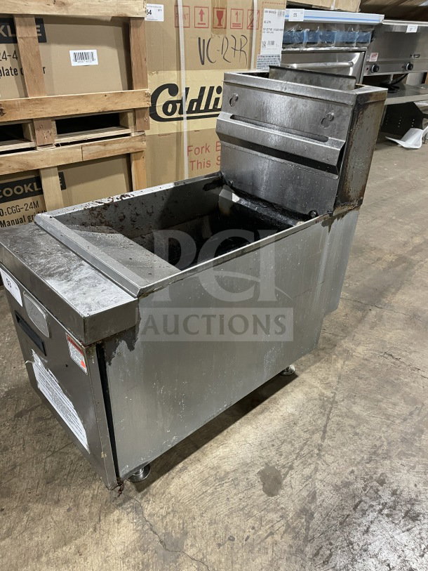 CoolerDepot CTF-3 stainless steel deep fryer, natural gas-powered, with backsplash, basket hanger, and legs, SN: 2305025222.