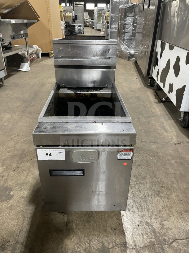CoolerDepot CTF3 commercial stainless steel deep fryer, natural gas powered, with backsplash and basket hanger, on legs.