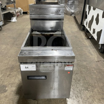 CoolerDepot CTF3 commercial stainless steel deep fryer, natural gas powered, with backsplash and basket hanger, on legs.