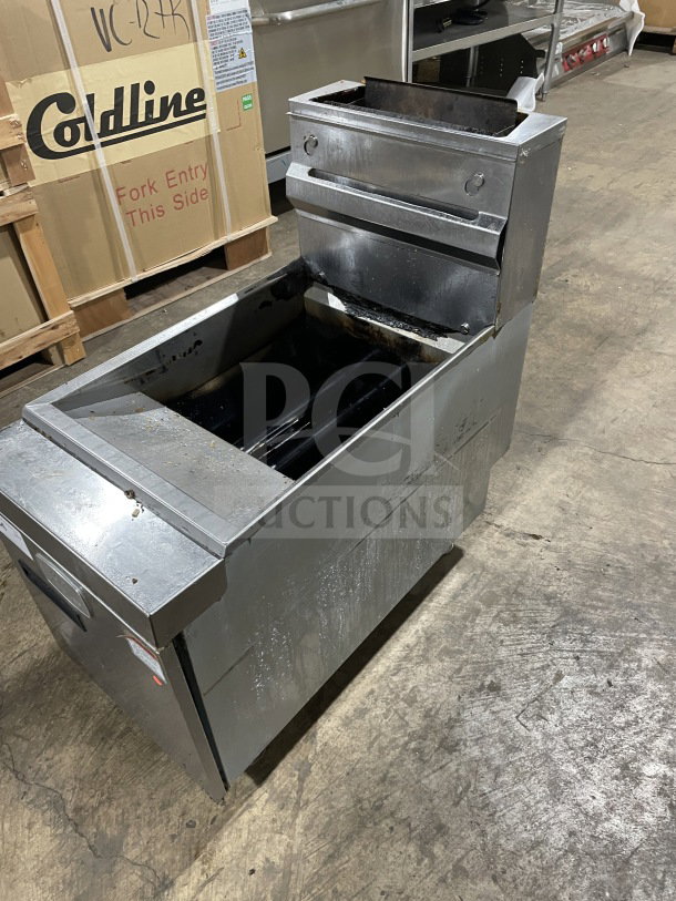 CoolerDepot CTF3 commercial stainless steel deep fat fryer. Natural gas powered with backsplash, basket hanger, on legs.